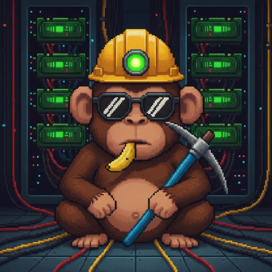 A pixel-art monkey miner in a hard hat in front of a rack of GPUs